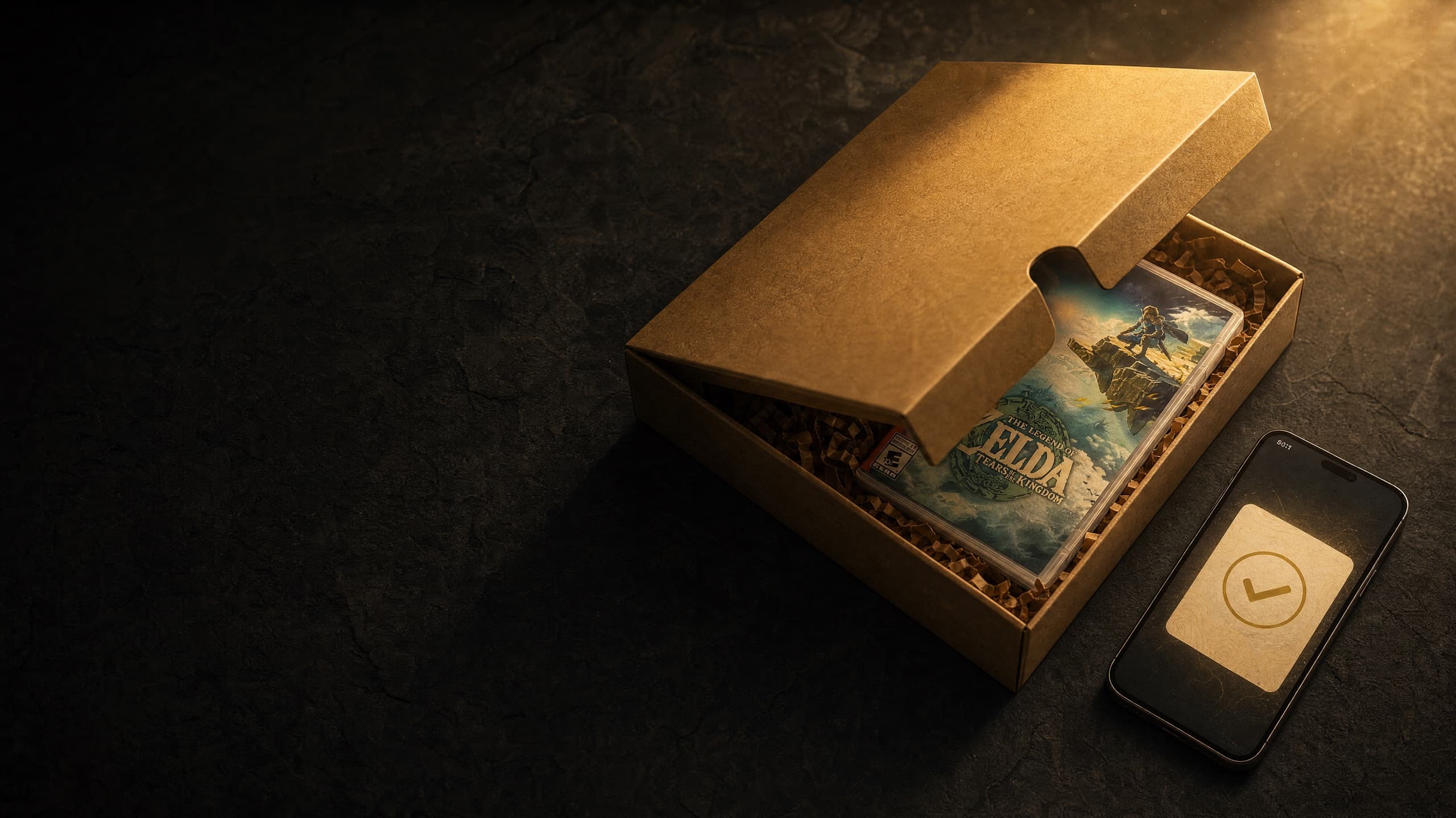 Colis kraft entrouvert révélant un boîtier Zelda et un smartphone avec confirmation de livraison