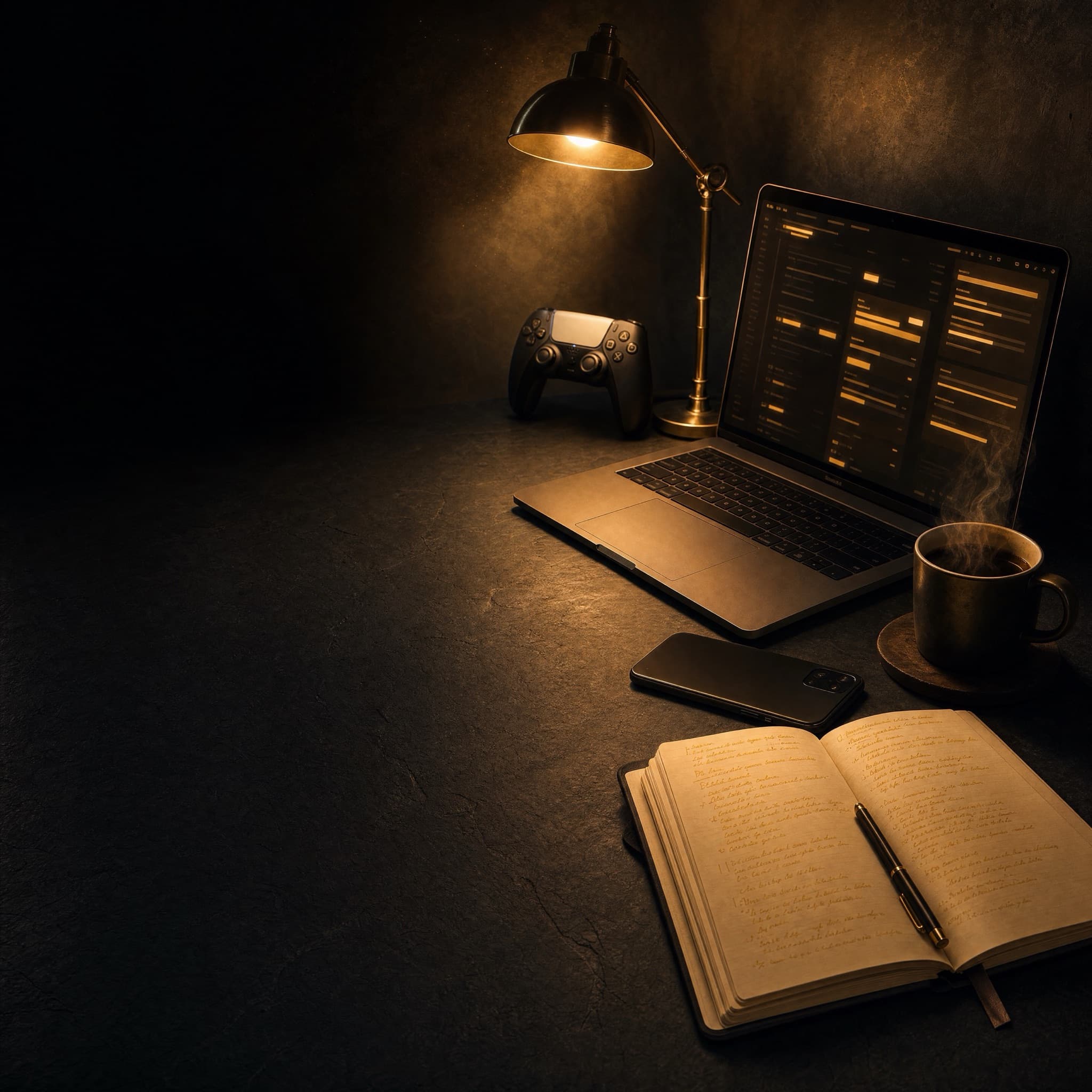 Bureau de travail nocturne avec laptop, carnet de notes, café et jeux PS5/Switch