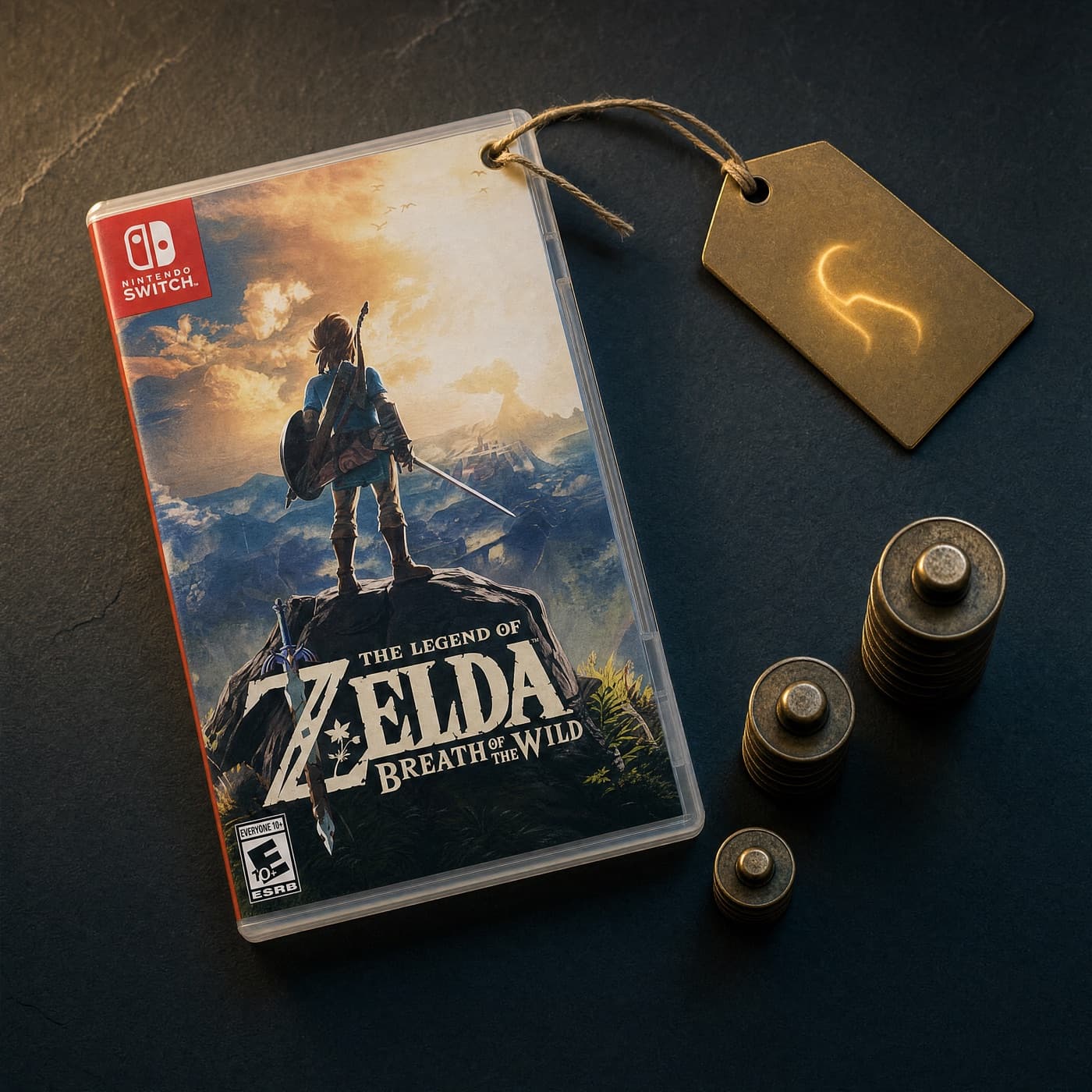 Boîtier Zelda avec étiquette de prix et poids en laiton