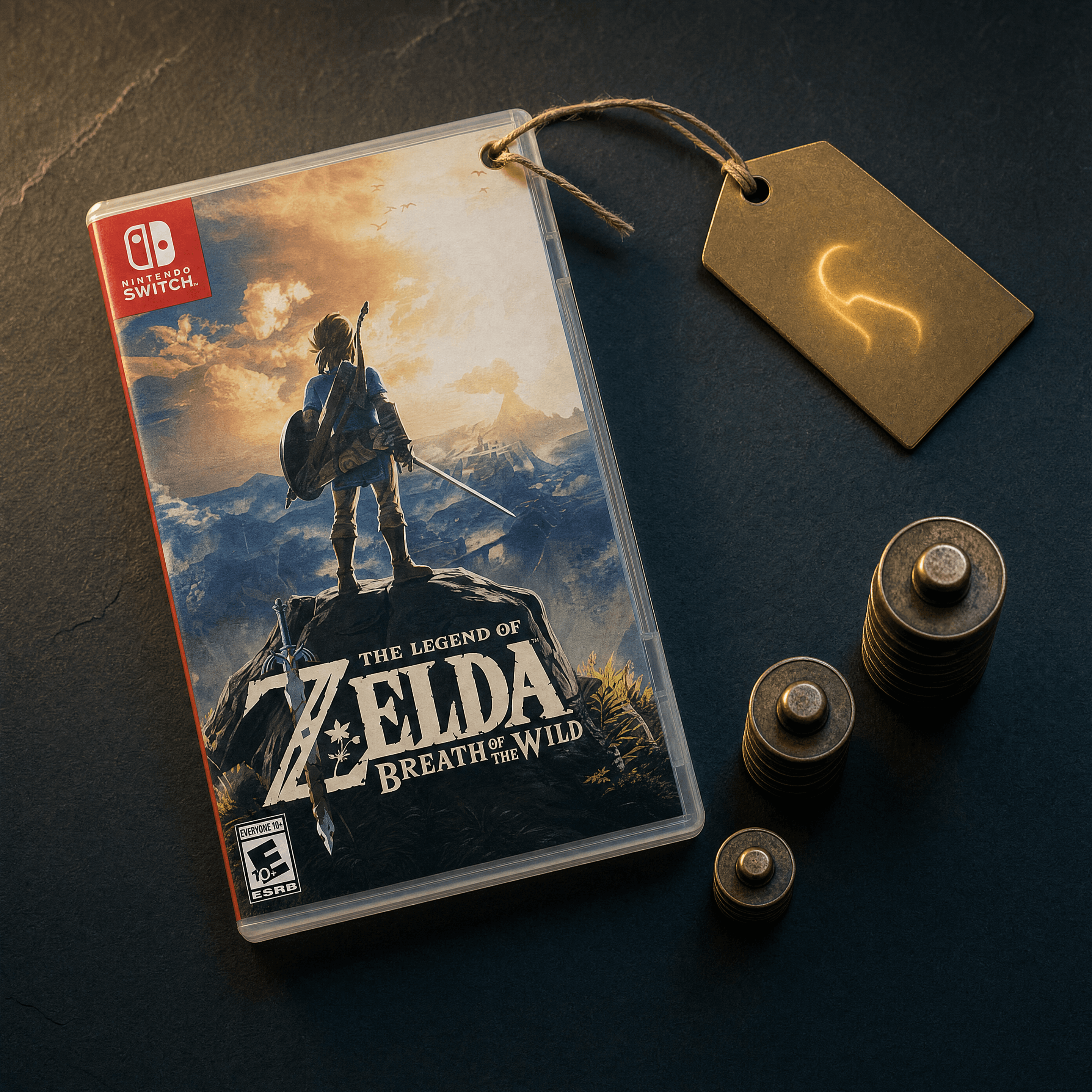 Boîtier Zelda avec étiquette de prix et poids en laiton