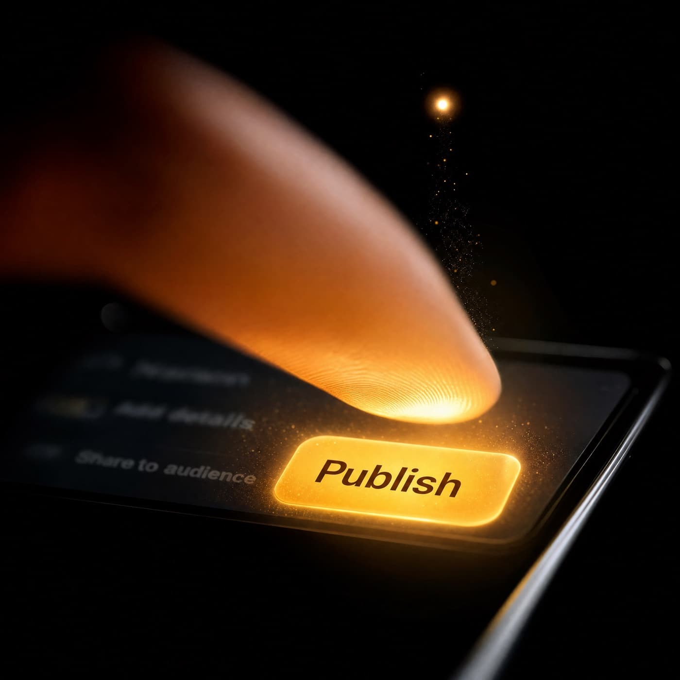 Doigt tapant un bouton Publier doré sur un téléphone