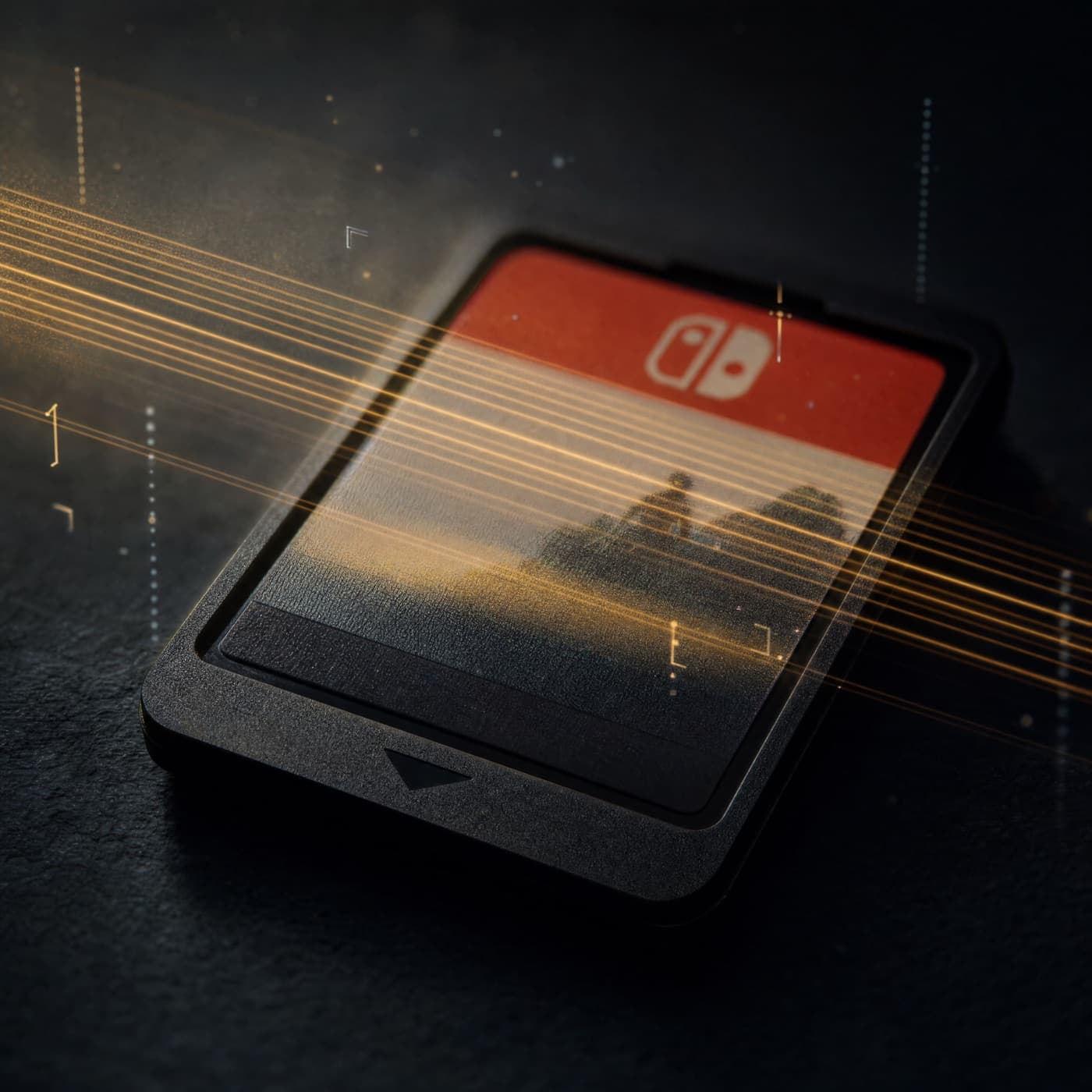 Cartouche Nintendo Switch analysée par GAMORN avec scan-lines dorées