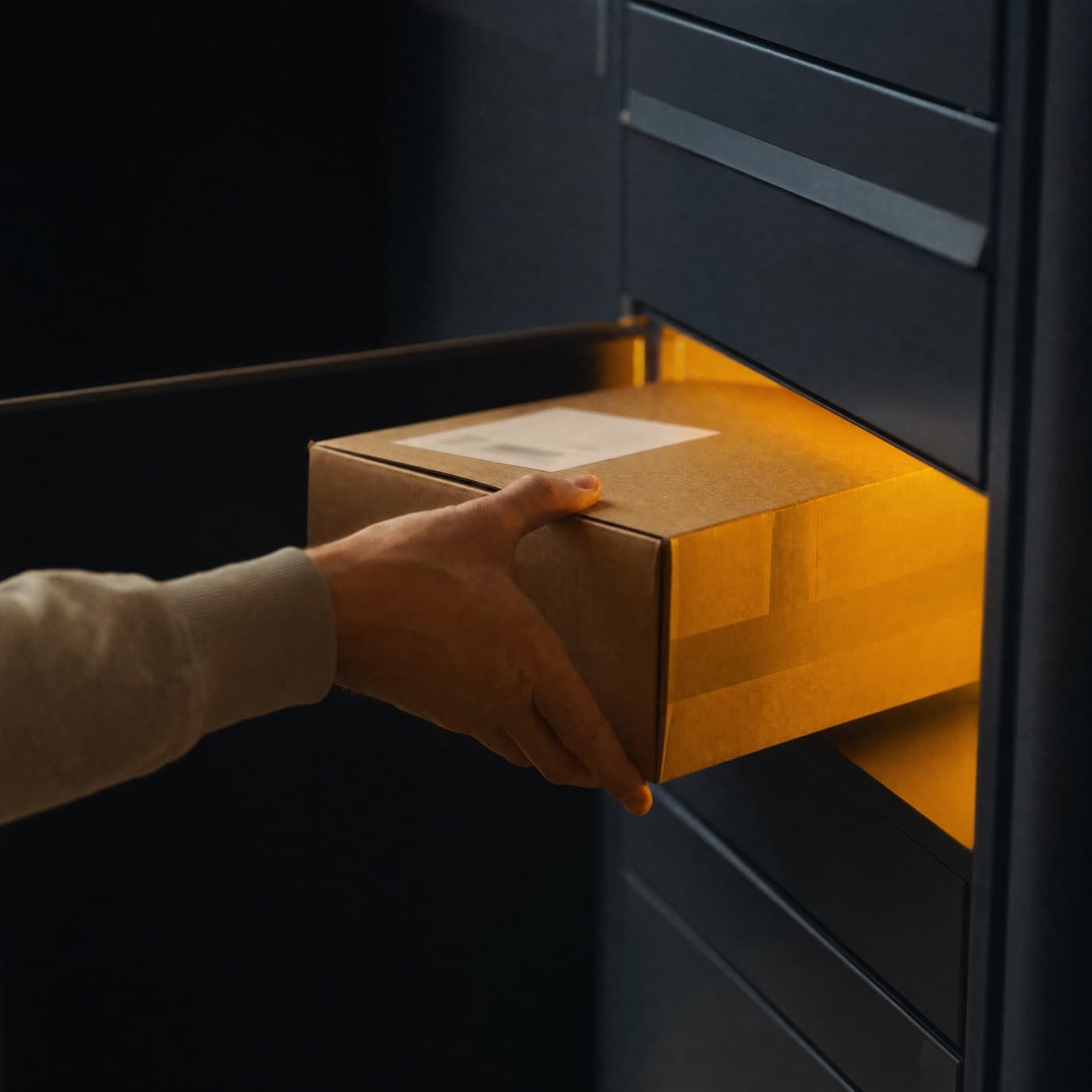 Main déposant un colis kraft dans un casier de point relais éclairé