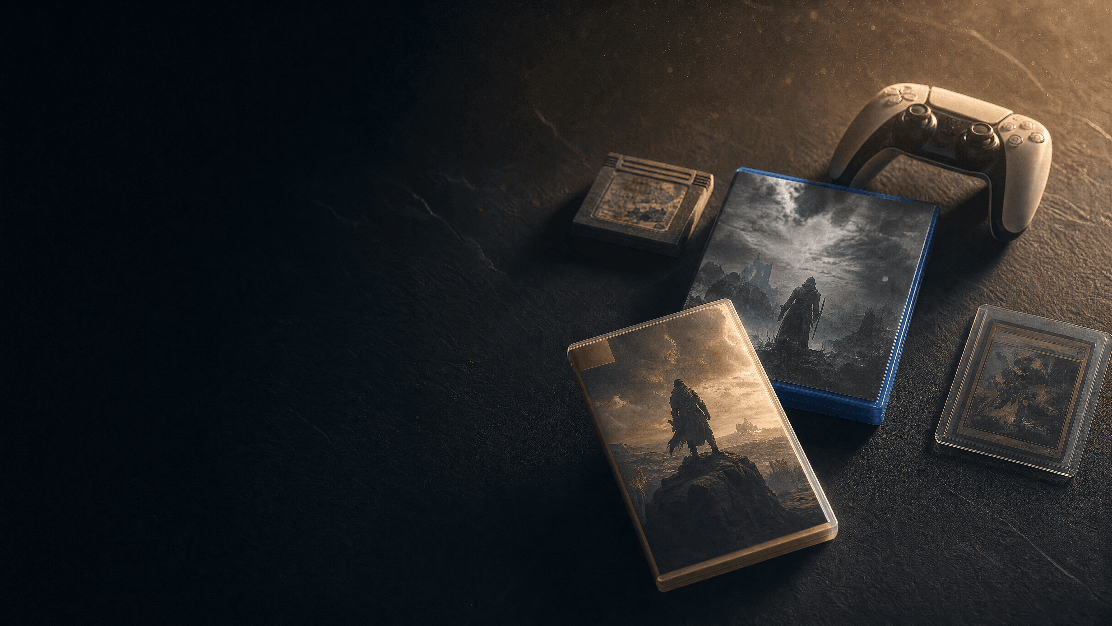 Collection de jeux vidéo, manette PS5 et cartouches sur fond ardoise sombre