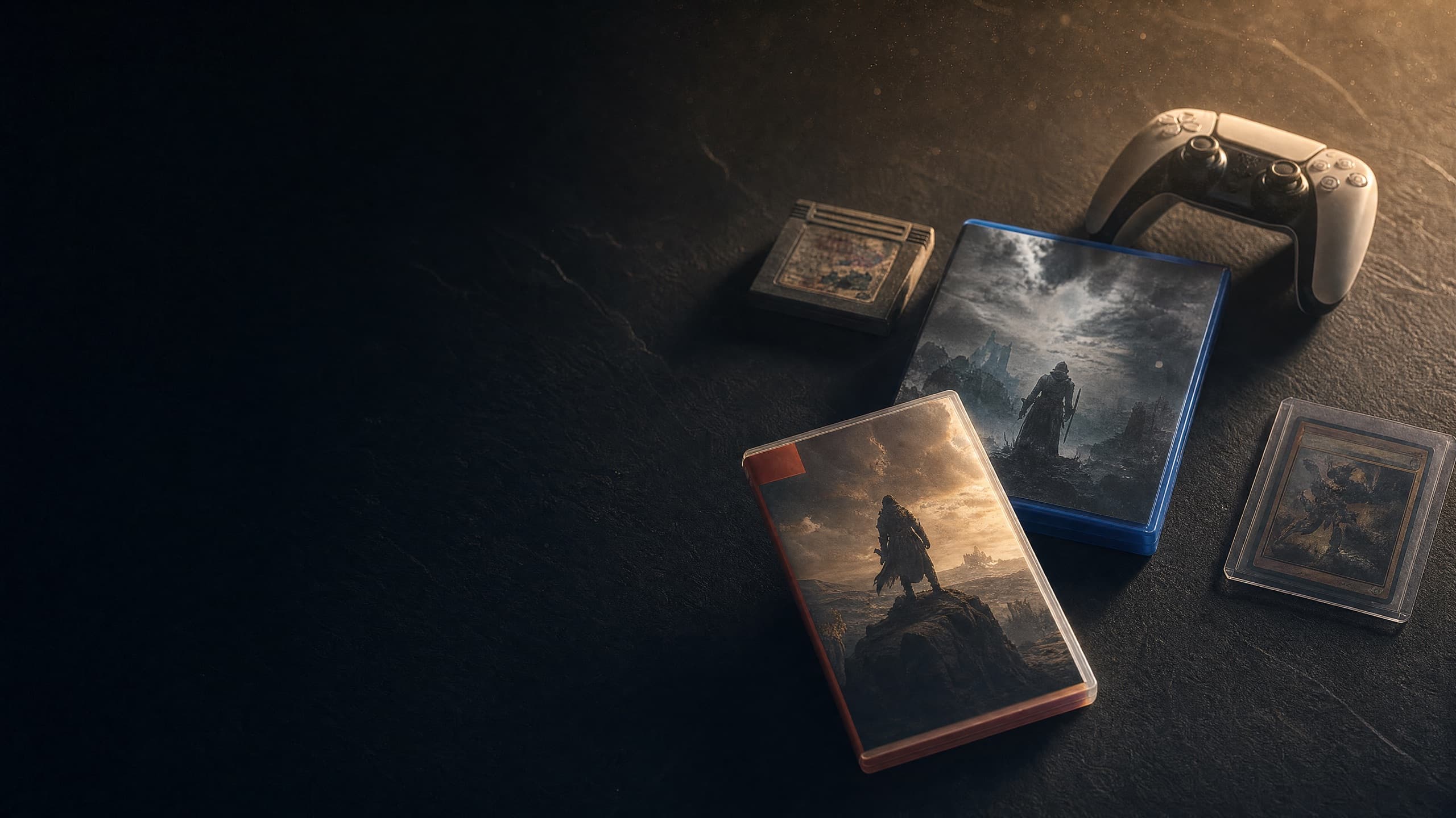 Collection de jeux vidéo, manette PS5 et cartouches sur fond ardoise sombre